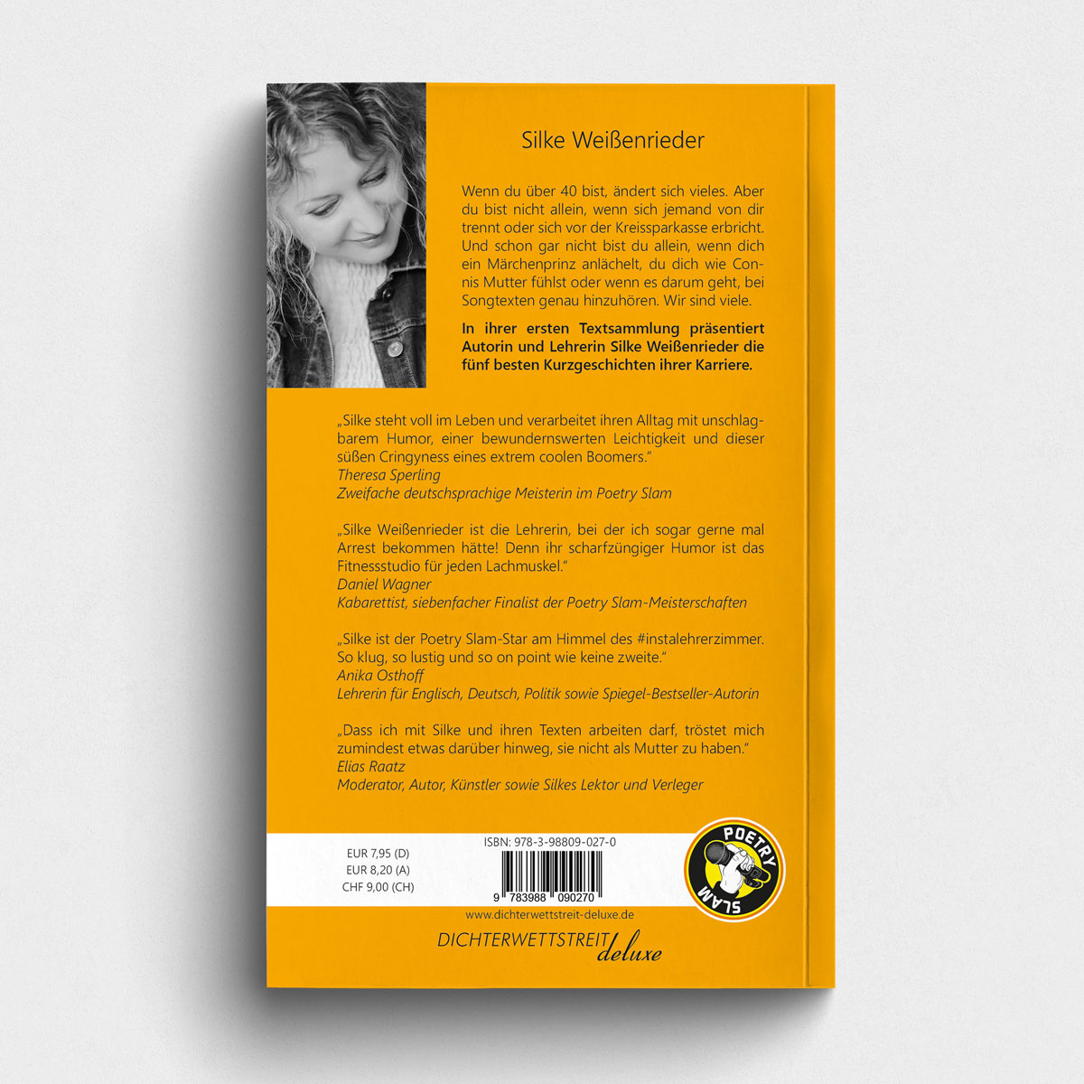 Buch Kotze vor der Kreissparkasse - Textsammlung mit Texten von Silke Weißenrieder. Abbildung Buch Rückseite.