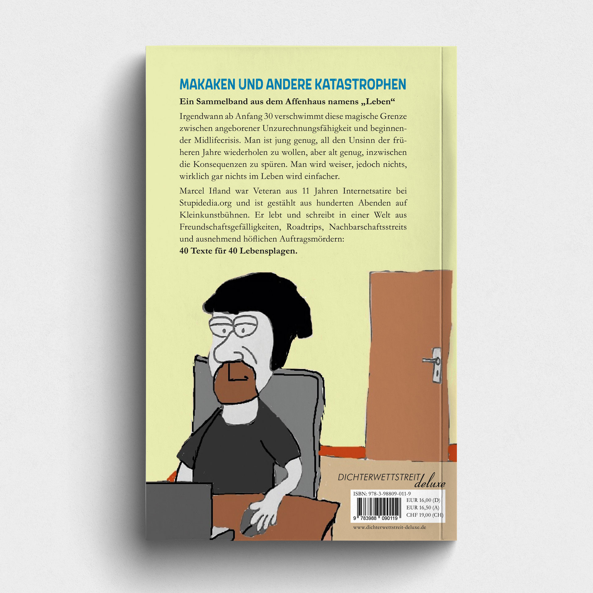 Buch Makaken und andere Katastrophen - 40 Texte für 40 Lebensplagen. Poetry Slam Textsammlung des Poetry Slammer Marcel Ifland. Abbildung Buch Rückseite.