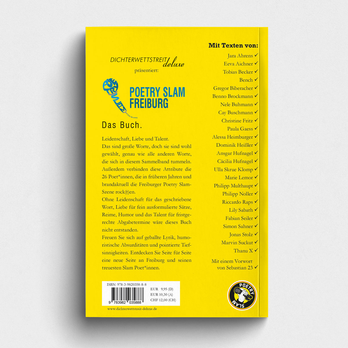 Buch Poetry Slam Freiburg - Das Buch. Poetry Slam Sammelband mit Texten von 26 Autor*innen. Herausgeber Ansgar & Cäcilia Hufnagel. Abbildung Buch Rückseite.