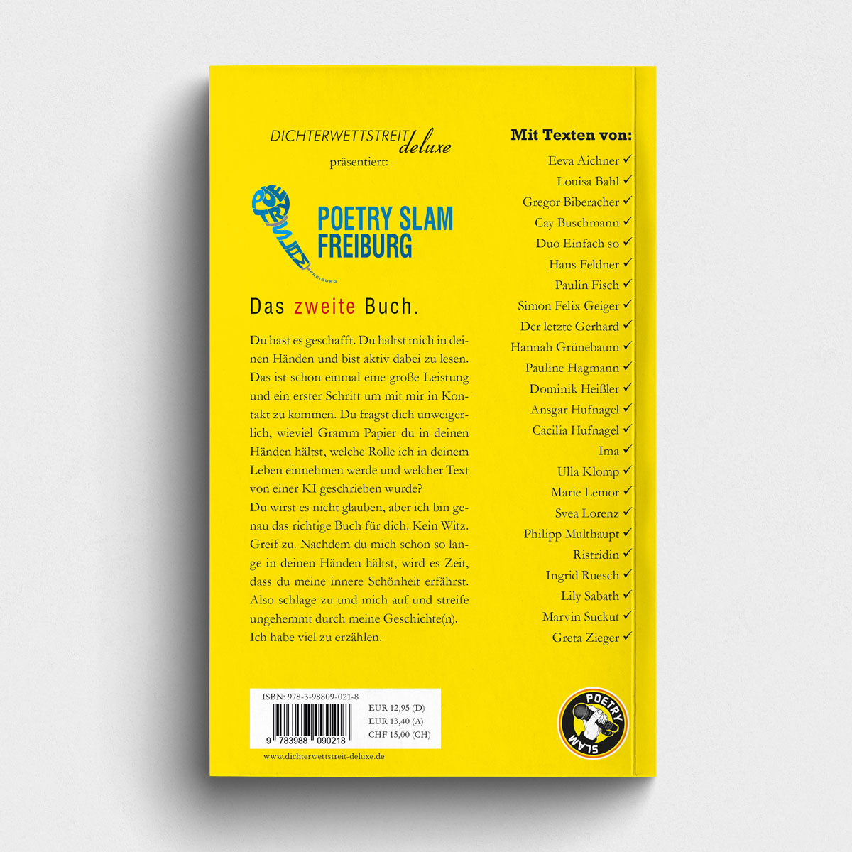 Buch Poetry Slam Freiburg - Das zweite Buch. Poetry Slam Sammelband mit Texten von 24 Autor*innen. Herausgeber Ansgar & Cäcilia Hufnagel. Abbildung Buch Rückseite.