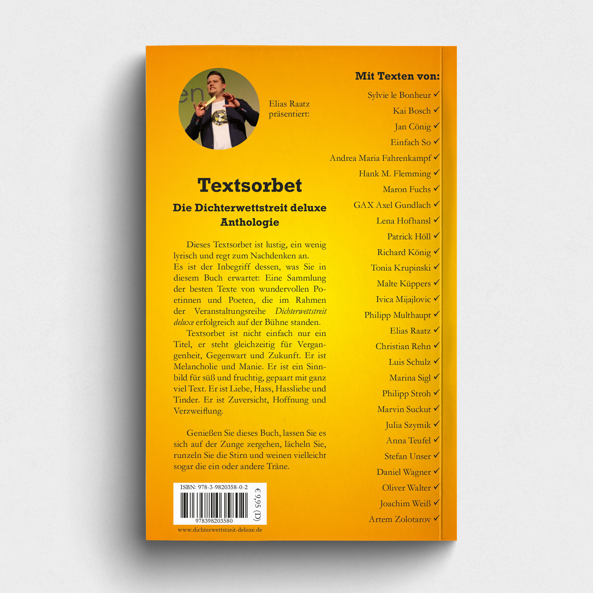 Buch Textsorbet 1 - 28 Poetinnen und Poeten präsentieren ihre besten Bühnentexte - Poetry Slam Textsammlung. Abbildung Buch Rückseite.