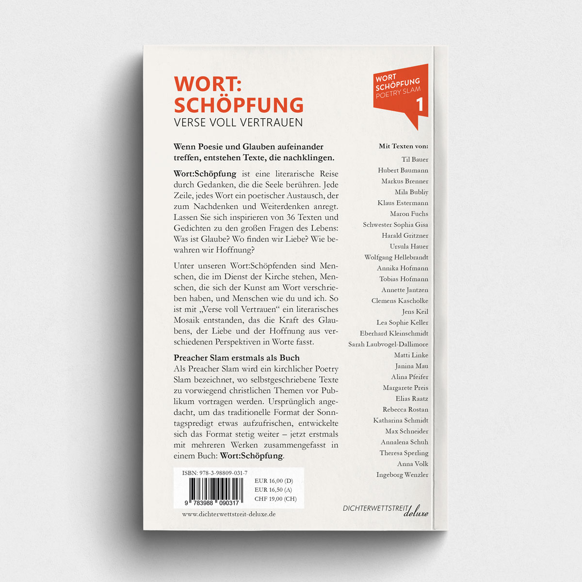 Buch WortSchöpfung - Verse voll Vertrauen - Preacher-Slam Texte über Glaube, Liebe, Hoffnung. Abbildung Buch Rückseite.