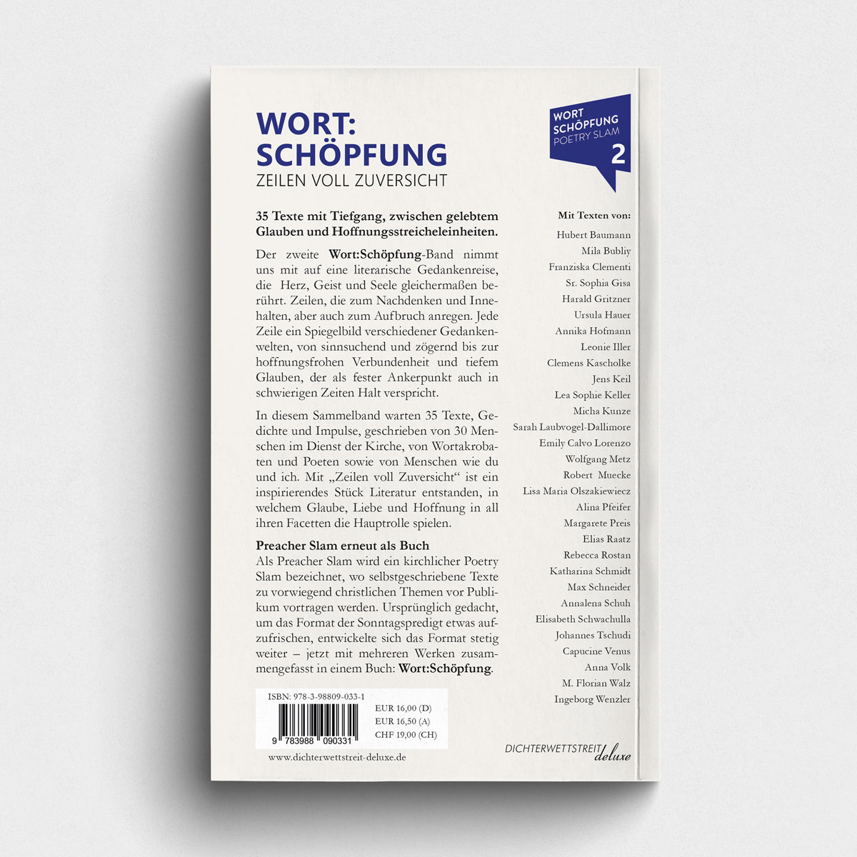 Buch WortSchöpfung - Zeilen voll Zuversicht - Preacher-Slam Texte über Glaube, Liebe, Hoffnung. Abbildung Buch Rückseite.