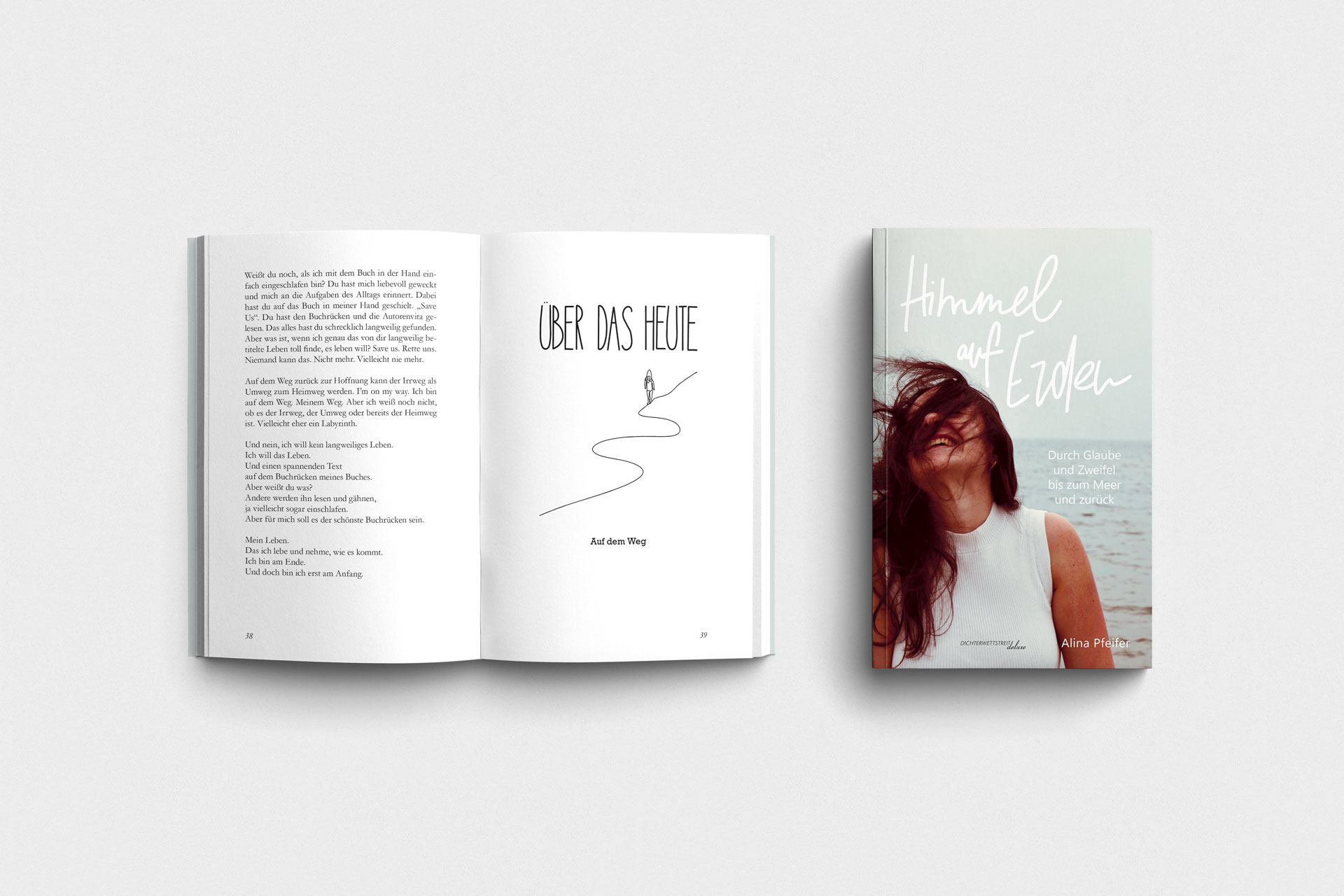 Buch Himmel auf Erden - Durch Glaube und Zweifel bis zum Meer und zurück. Textsammlung der Poetry Slammerin Alina Pfeifer. Buchcover und Beispiel Innenseiten.